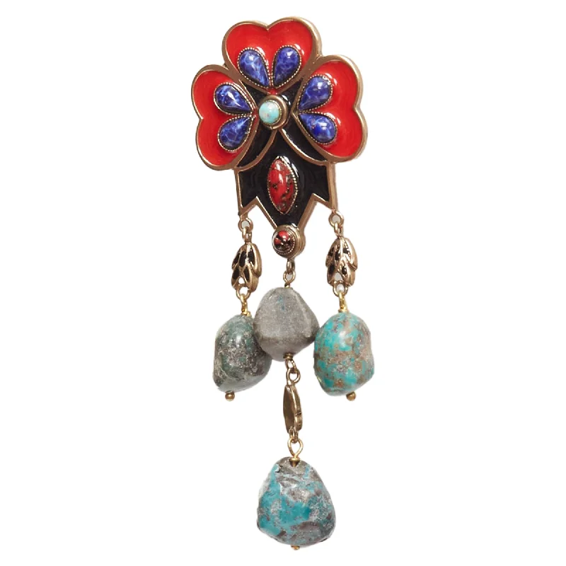 Magnetic Closure Drop Earrings for Easy -Etro Enamel Flower Drop Stone Gold Drop Clip On Earrings Pair