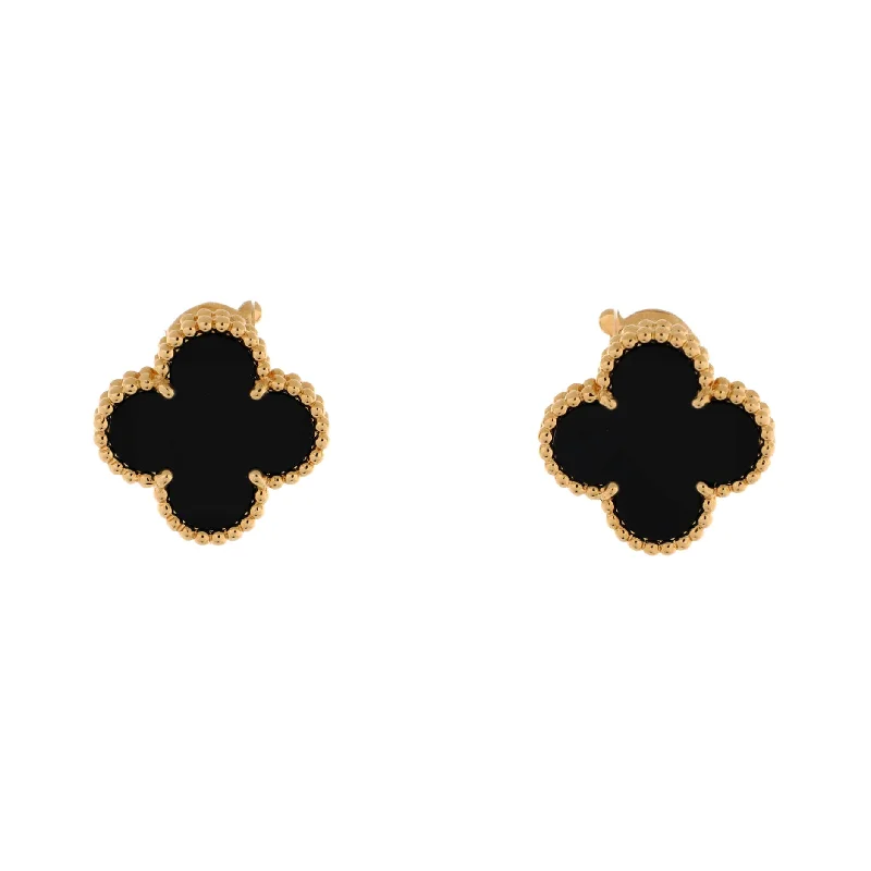 Minimalist Drop Earrings with Simplicity -Vintage Alhambra Earrings 18K Yellow Gold and Onyx