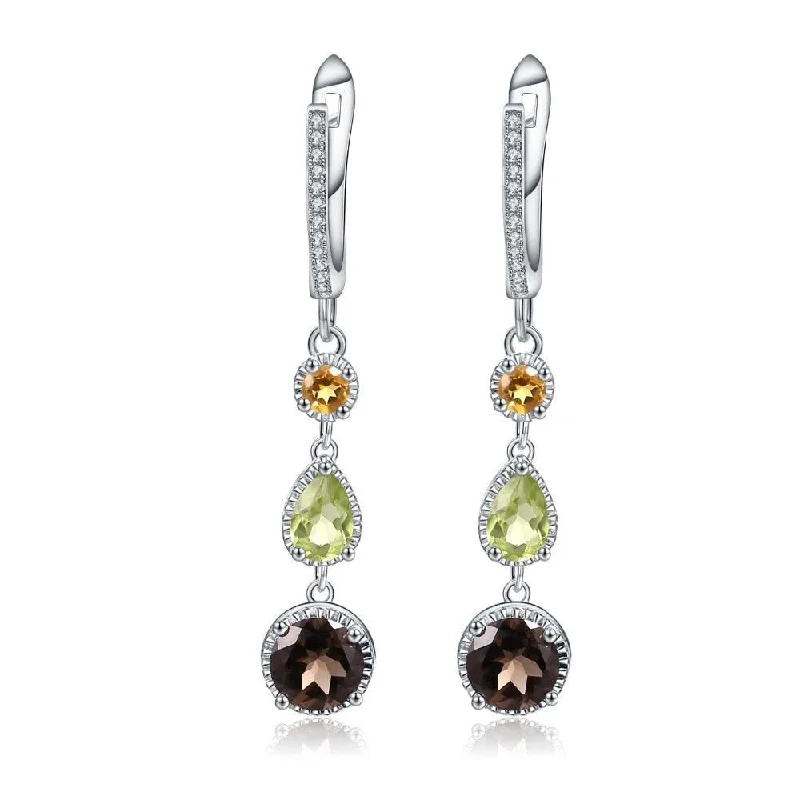 Vintage Drop Earrings with Patina -Citrine Peridot Smoky Quartz Gemstone Drop Earrings