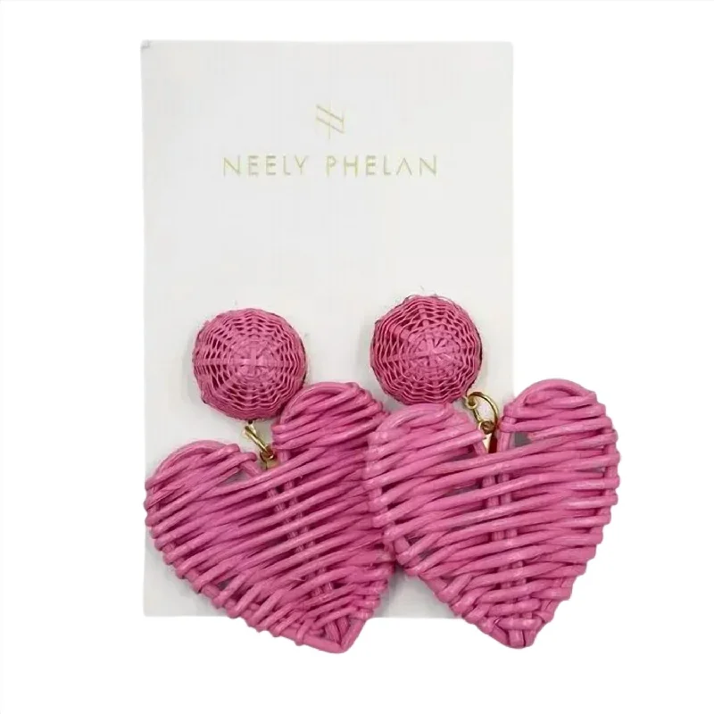 Square Drop Earrings for Modern -Rattan Heart Drop Earrings In Hot Pink