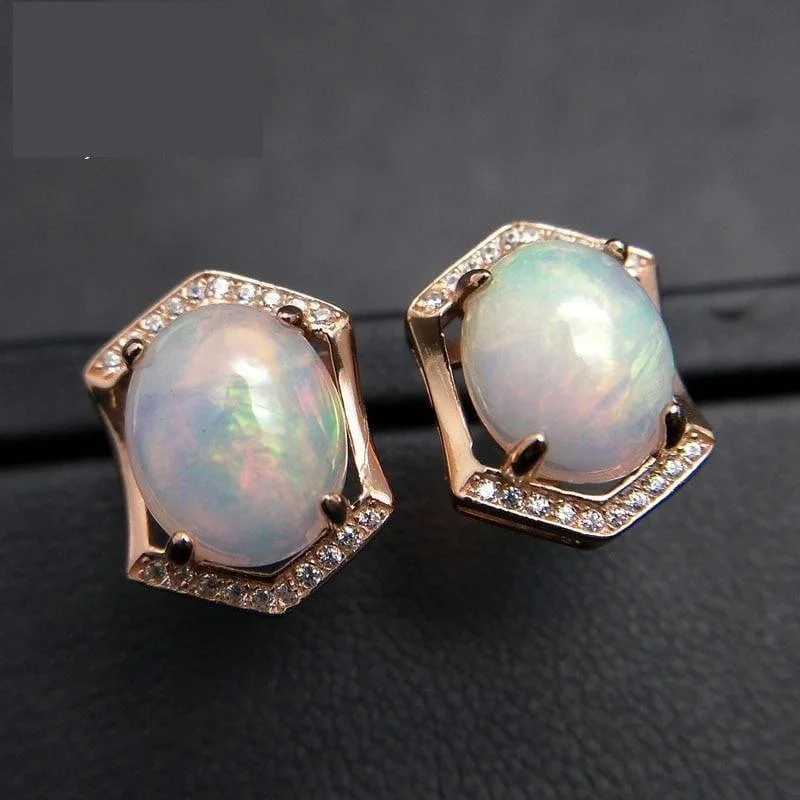 Drop Earrings for Anniversary -Natural White Ethiopian Opal Oval Cut 8*10mm 925 Sterling Silver Gemstone Studs Earrings