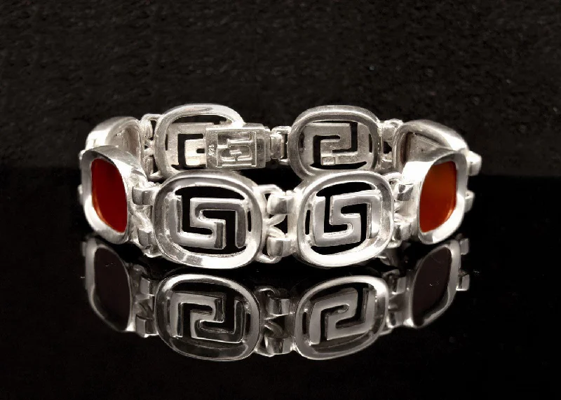 Bangles with sleek black agate for edge -Greek Key Meander Bracelet in Sterling Silver (B-67)