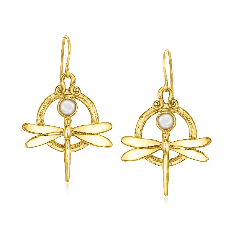 Lightweight Drop Earrings for All Day -Ross-Simons 4.5-5mm Cultured Pearl Dragonfly Drop Earrings in 18kt Gold Over Sterling