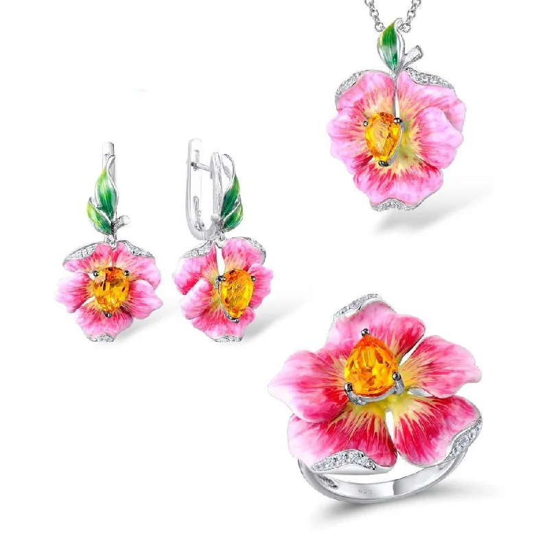 Drop Earrings with Enamel Coating -Pink Flower Earrings Pendant Ring Jewelry Set