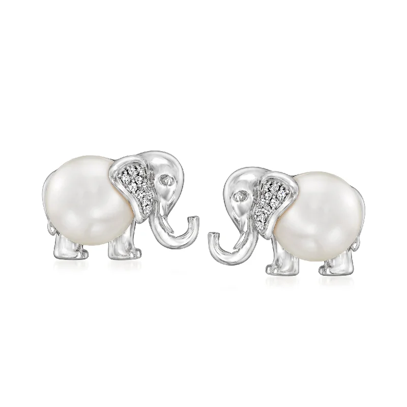 Drop Earrings for Beach Outfit -Ross-Simons 8-8.5mm Cultured Pearl Elephant Earrings With Diamond Accents in Sterling Silver