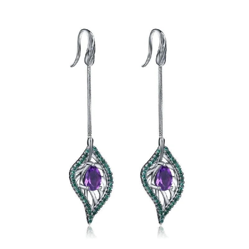 Drop Earrings for Bridesmaids Look -Vintage Natural Amethyst Nano Emerald-Green Leaf Shape Earrings