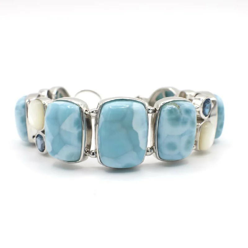 Bangles with personalized initial charm engravings -Genuine Larimar, Mother of Pearl, and Topaz Bracelet In Sterling Silver