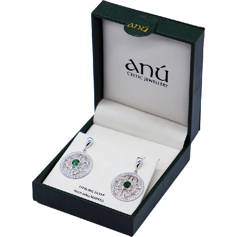 Drop Earrings with Vine Designs -Sterling Silver Celtic Circle Green Cubic Zirconia Drop Earrings