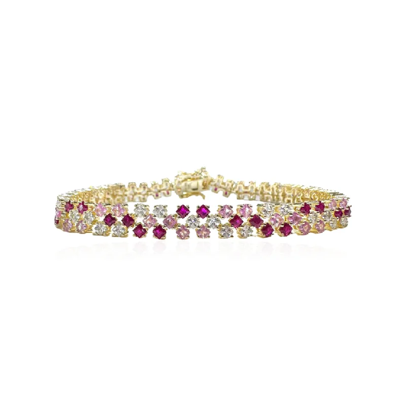 Bracelets with crescent moon for lunar appeal -Gold Plated Scattered Tennis Bracelet With Light Pink, Hot Pink And White CZs