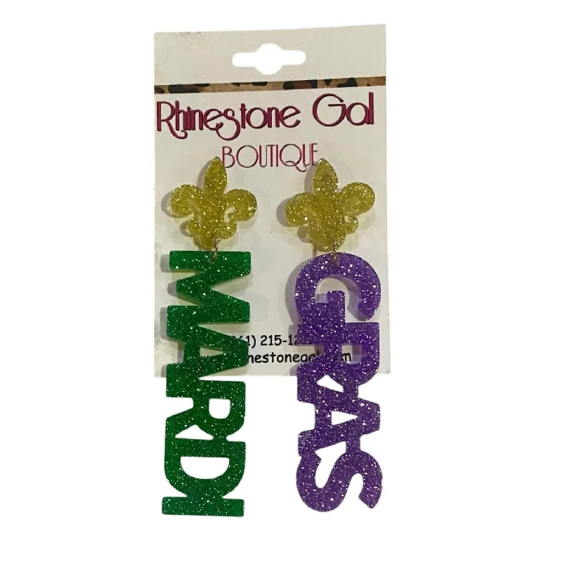 Nickel Free Drop Earrings for Safety -Glittery Mardi Gras Earrings With Fleur-De-Lis Charm In Green/purple