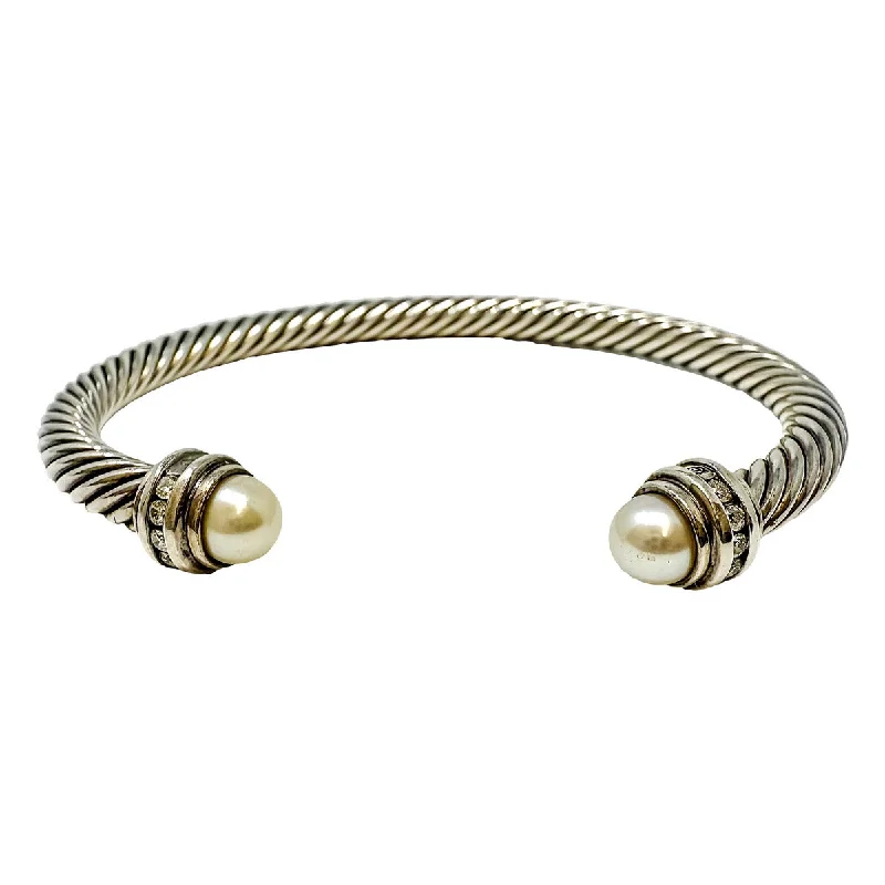 Bracelets with starburst topaz for radiant beauty -David Yurman Cable Cuff Bracelet with Pearl Caps and Diamonds