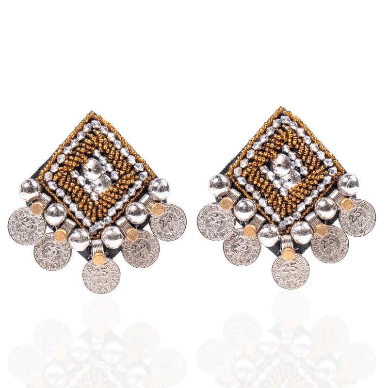 Ethnic Drop Earrings with Tribal Design -Indira Beaded Earrings - Silver Coin