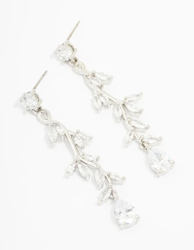 Drop Earrings with Leaf Motifs -Lovisa - Rhodium Cubic Zirconia Drop Earrings