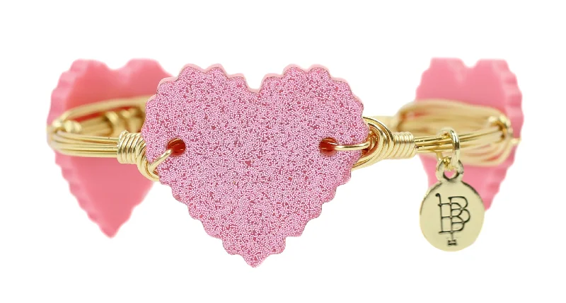 Leather bracelets with adjustable clasp for comfort -Pink Glitter Heart Bangle Bracelet