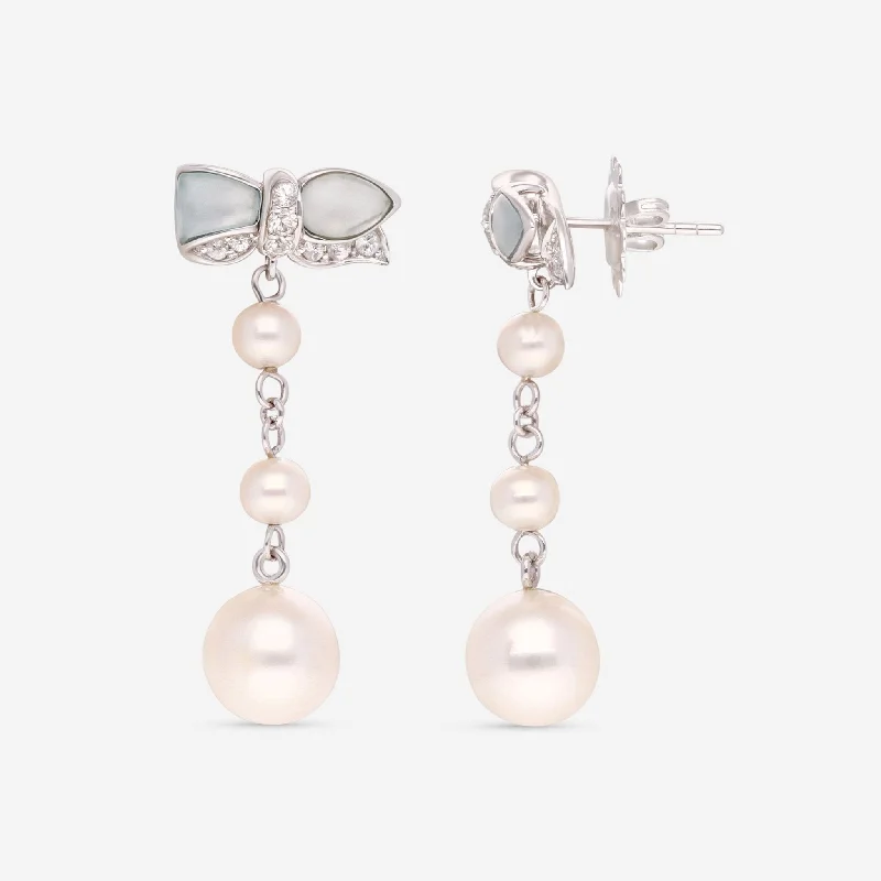 Hippie Drop Earrings with Beads -Mimi Milano Ribbon 18K White Gold, White Sapphire & Sky Blue Topaz Drop Earrings O334B1TZ