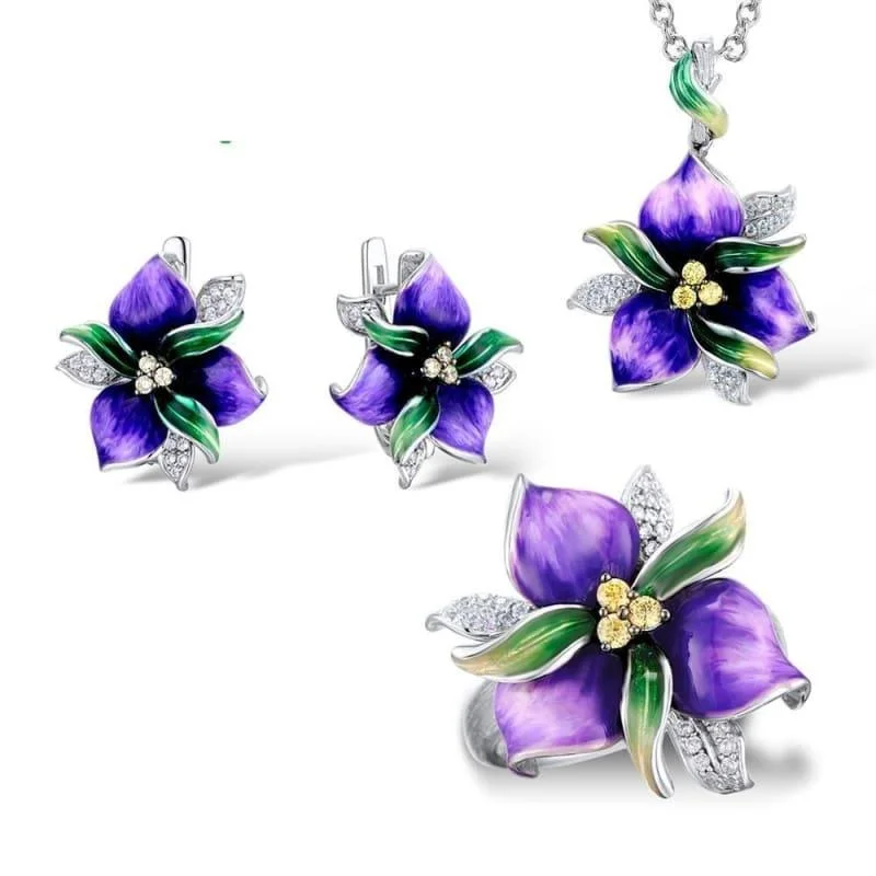 Drop Earrings for Valentine's Day -Purple Flower CZ Stones Ring Earrings Pendent 925 Sterling Silver Women Jewelry Set