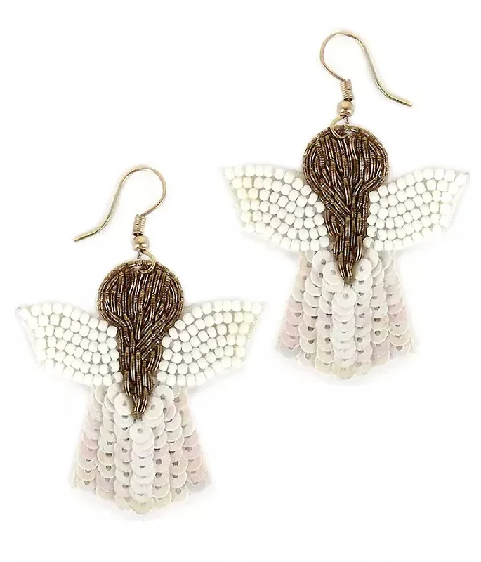 Celtic Drop Earrings with Knotwork -Women's Beaded Angel Earrings In White