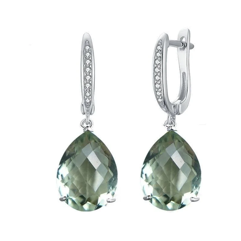 Drop Earrings for Christmas Party -Green Amethyst 14ct Checkerboard Cut Gemstone Classic 925 Sterling Silver Earrings