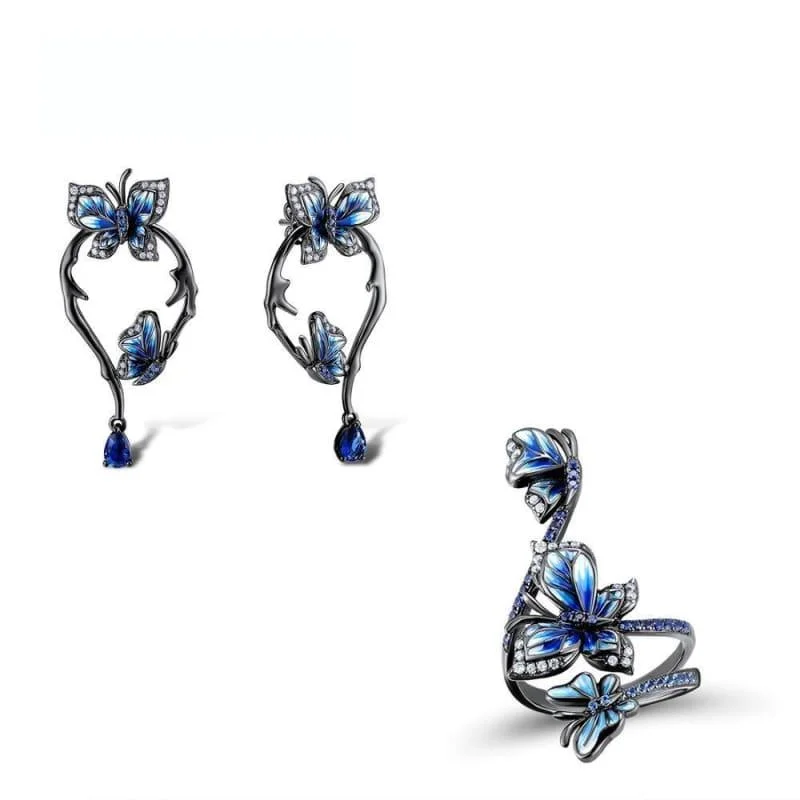 Diamond Drop Earrings for Luxury -Blue Butterfly Ring Earrings Set 925 Sterling Silver Handmade Enamel Fashion Jewelry Set