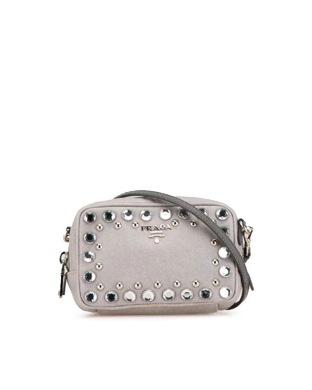 Studded Embellished Denim Camera Crossbody Bag with Adjustable Leather Strap