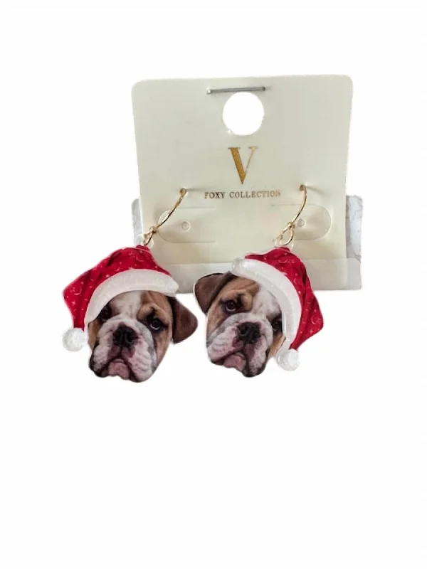 Clip On Drop Earrings for Non Pierced -Women's Bull Dog Santa Holiday Earrings In Red