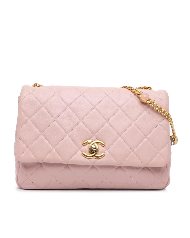 Trendy women's bags with chain link straps and chic design for elegant, stylish look-Quilted Lambskin Embellished Chain Flap Crossbody Bag