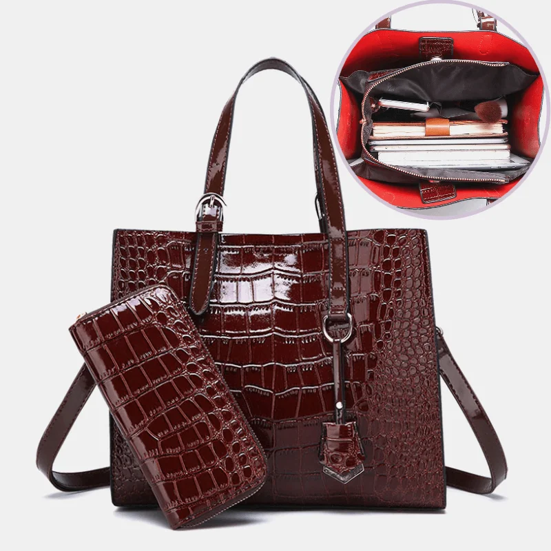 Women's bags with soft faux suede material and chic design for versatile wear-Women 2PCS Alligator PU Multi-Pocket Large Capacity Handbag Crossbody Bag Tote