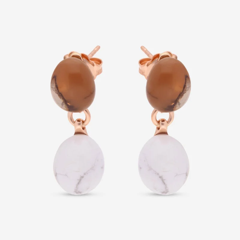 Hypoallergenic Drop Earrings for Sensitive -SuperOro Meteo 18K Rose Gold Howlite & Smoky Quartz Drop Earrings METEO/O701-P