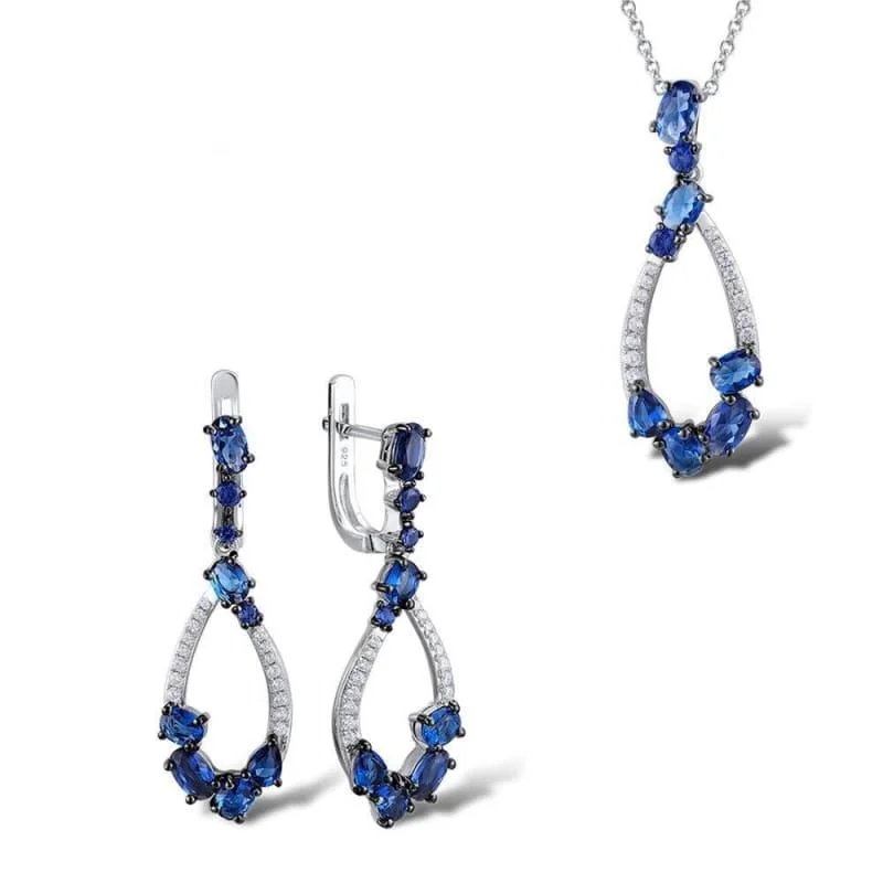 Drop Earrings for Concert Look -Blue Nano Cubic Zirconia Stones Earrings Pendant Necklace 925 Sterling Silver Jewelry Set