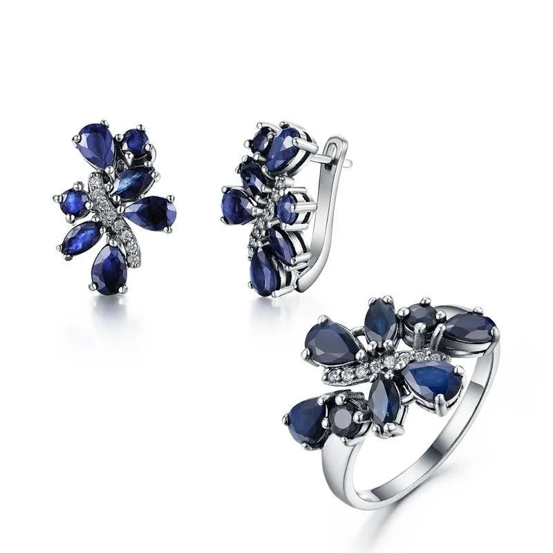 Indian Drop Earrings with Intricacy -Sapphire Rings and Earrings Jewelry Set