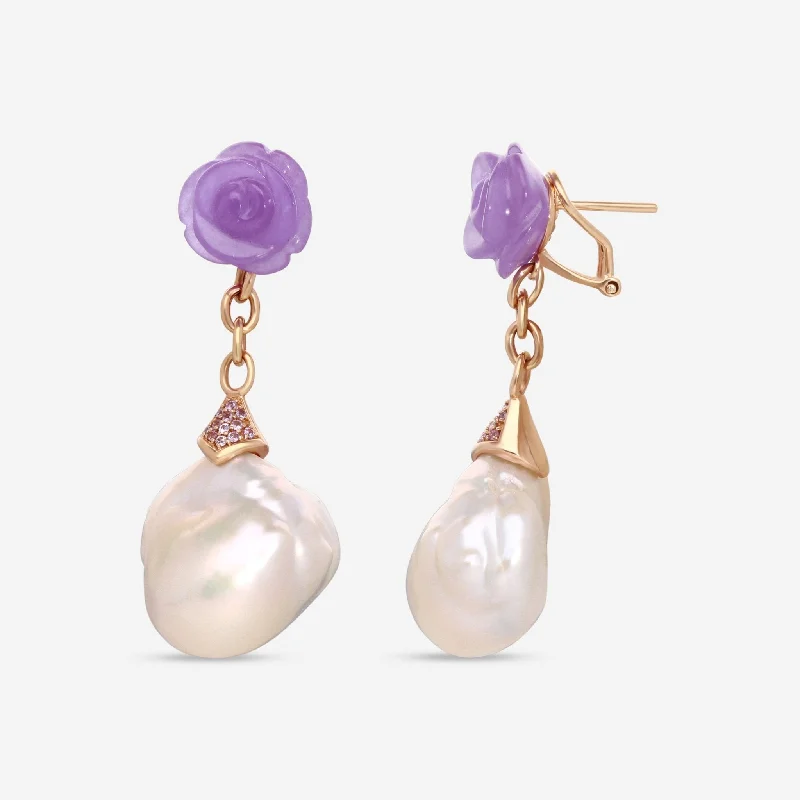 Hypoallergenic Drop Earrings for Sensitive -Mimi Milano Boutique 18K Rose Gold, Purple Jade, Pink Sapphire & Pearl Drop Earrings 3MG108