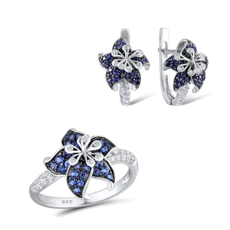 Drop Earrings for School Uniform -Blue White CZ Ring Earrings Set Authentic 100% 925 Sterling Silver Fashion Jewelry Set