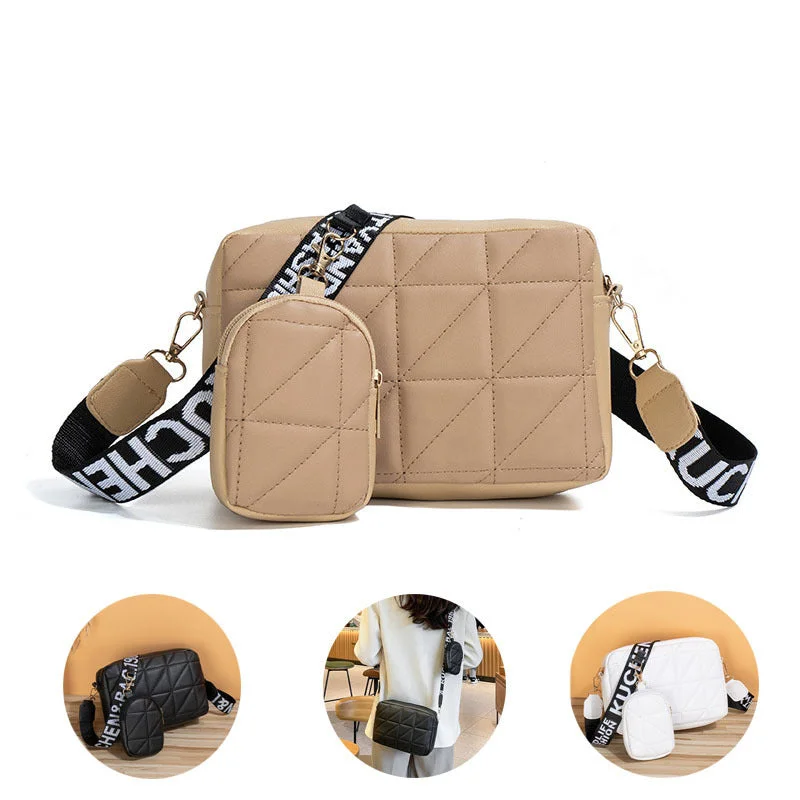 Women's bags with structured design and luxurious leather for high-end fashion-2Pcs Rhombus Shoulder Bag With Wallet Letter Print Wide Shoulder Strap Small Square Bag Large Capacity Cell Phone Crossbody Bags