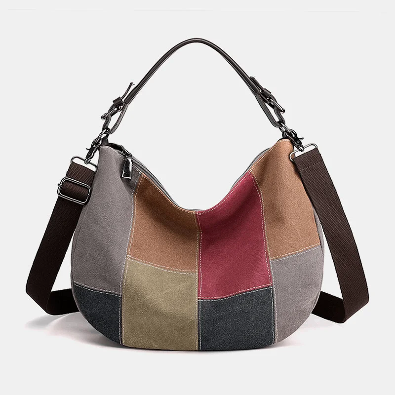 Women's bags with luxury leather finish and chic metallic accents for a premium look-Women Vintage Large Capacity Color Matching Canvas Handbag Crossbody Bag Casual Shoulder Bag