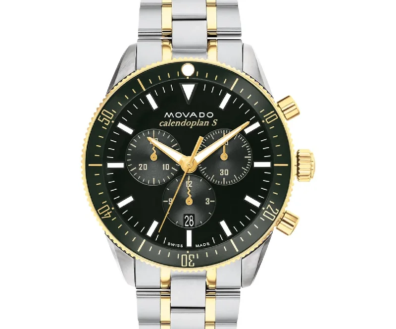 Bangles with interlocking links for uniqueness -Movado Heritage Series Calendoplan S Mens Watch with Green Dial and Stainless Steel and Yellow Gold Toned Bracelet (Swiss quartz chronograph movement)