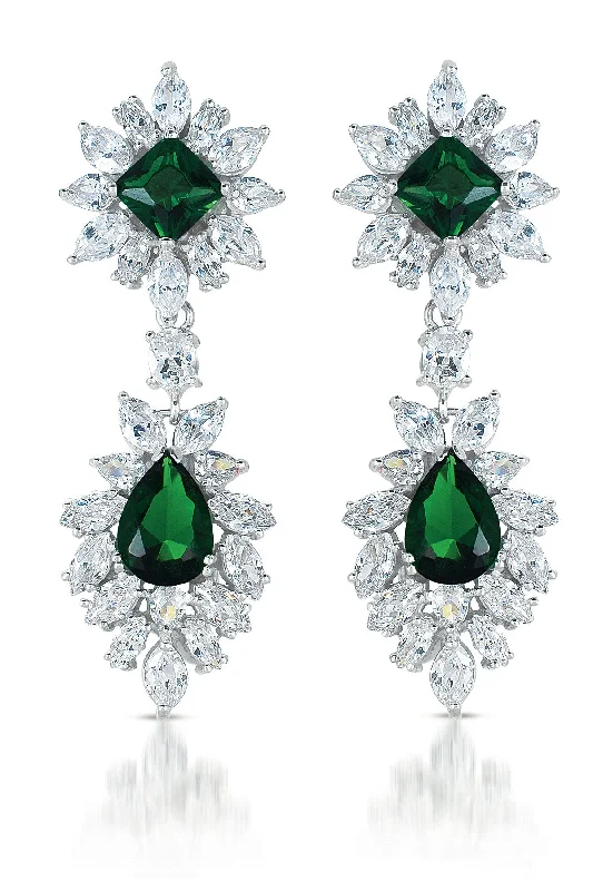 Drop Earrings with Leaf Motifs -Sterling Silver with Emerald & Diamond Cubic Zirconia Double Halo Cluster Dangle Earrings