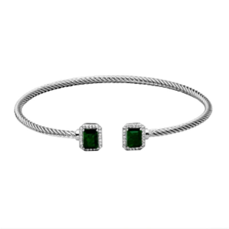 Bracelets with star sapphire for unique shine -Sterling Silver Emerald Cut Dyed Green Corundum & White Topaz Cuff Bracelet by Samuel B.