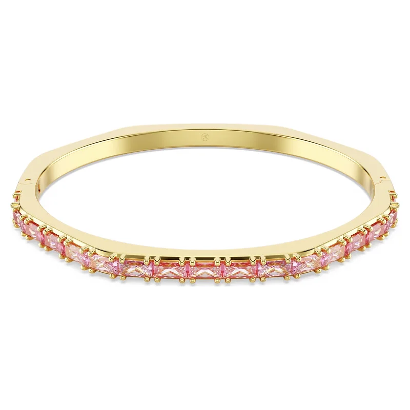 Bracelets with sapphire gems for blue sparkle -Swarovski Matrix Pink Crystal Bangle Bracelet in Yellow Tone Plate