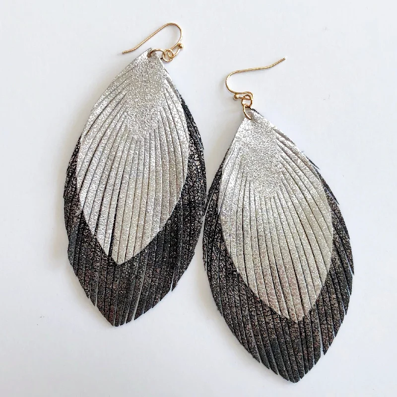 African Drop Earrings with Culture -Charcoal and Silver Leather Feather Earrings