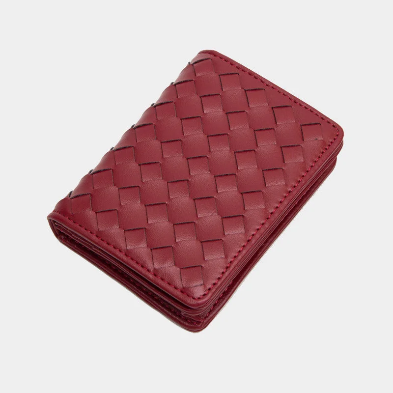 Fashion-forward women's bags with geometric patterns and bold hardware for unique style-Vegan Leather Basket Weave Card Holder Wallet in Burgundy