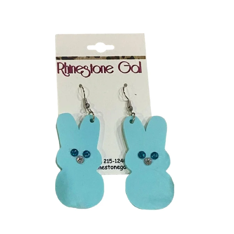 Push Back Drop Earrings for Convenience -Peep Bunny Acrylic Earrings In Pastel Blue