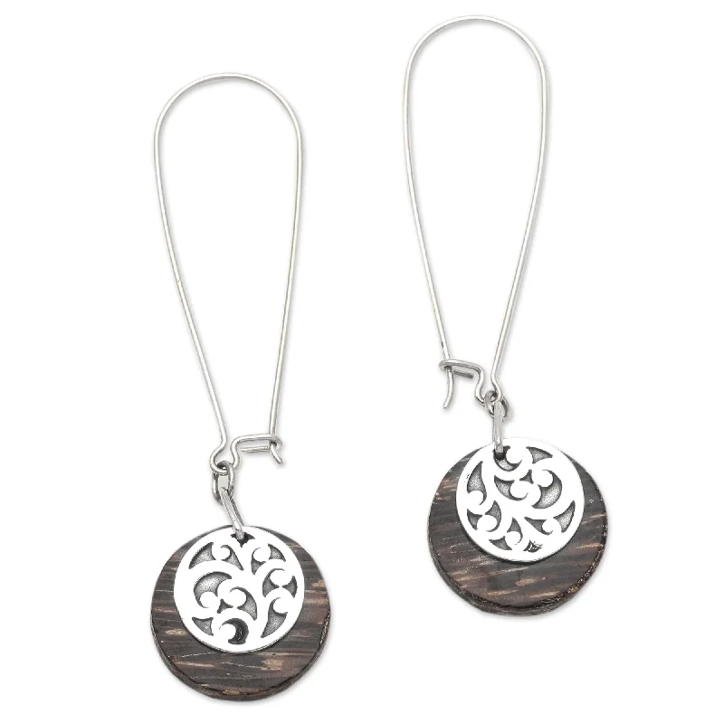 Short Drop Earrings for Subtle -Novica Handmade Circle Sulur Sterling Silver And Coconut Wood Dangle Earrings