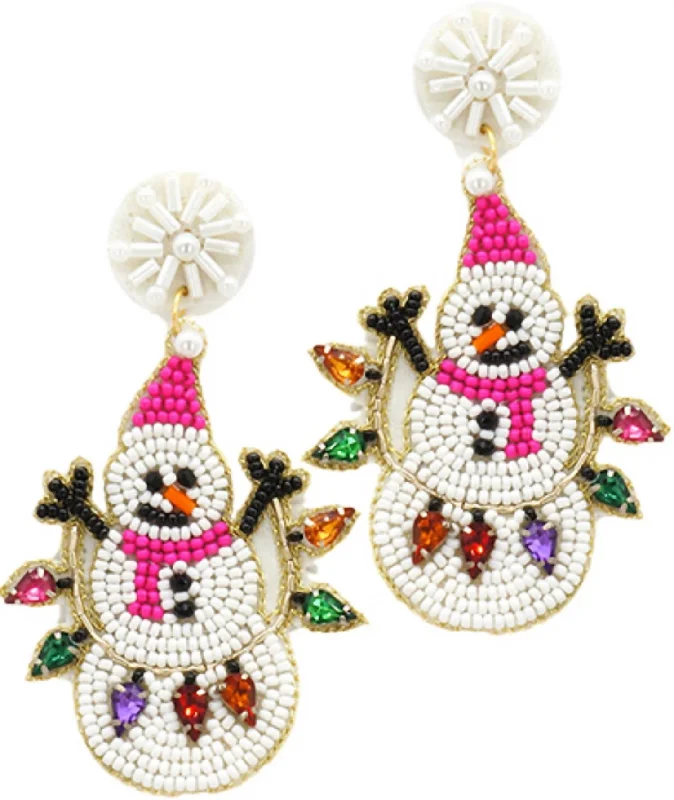 Clip On Drop Earrings for Non Pierced -Women's Beaded Snowman Earrings In White