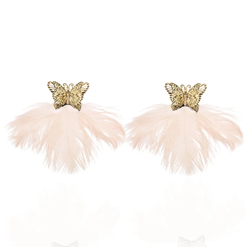 Waterproof Drop Earrings for Outdoor -Dana Ostrich Feather Earrings - Blush