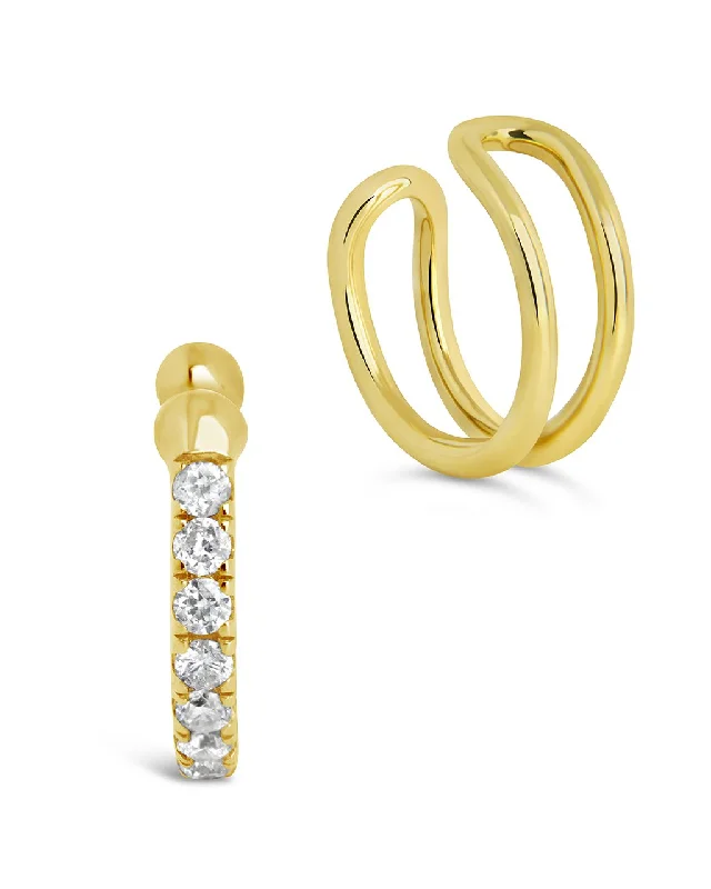 Best hoop earrings with oval shapes for a unique and elongated design-14K Gold Simple Diamond Ear Cuff  Earring Set of 2