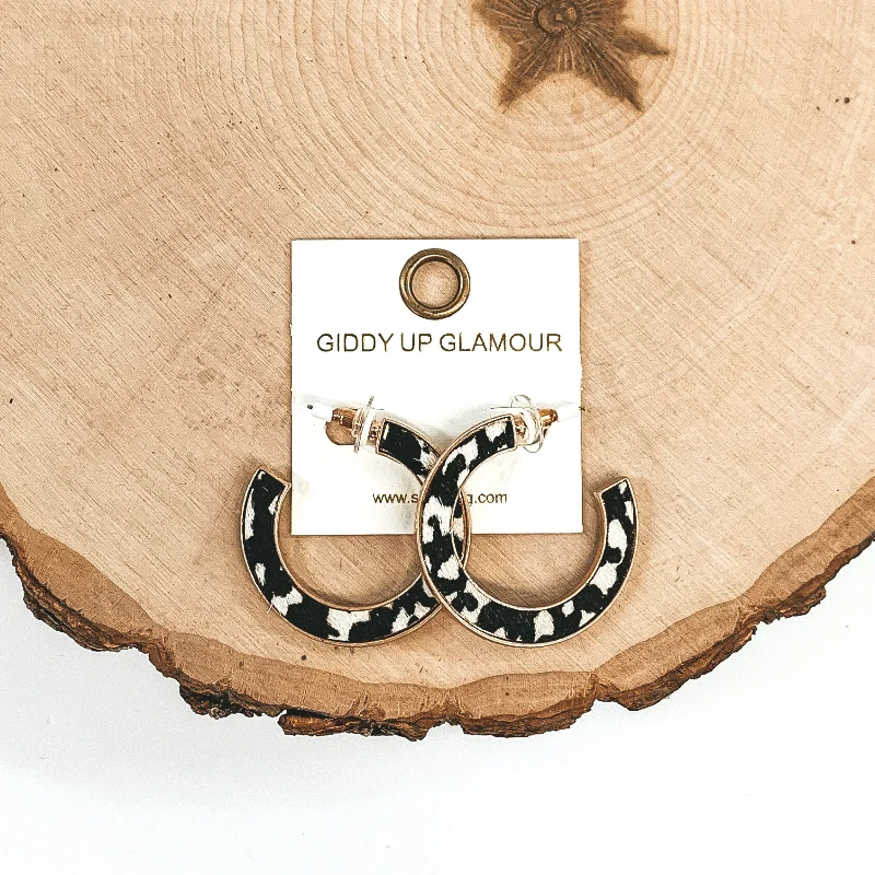 Hoop earrings with textured gold for a refined and sophisticated aesthetic-Animal Print Gold Hoops in Black/White