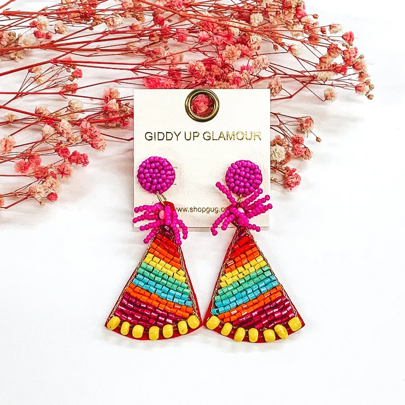 Best hoop earrings with baroque pearls for a luxurious and elegant vibe-Beaded Rainbow Birthday Party Hat Earrings in Fuchsia