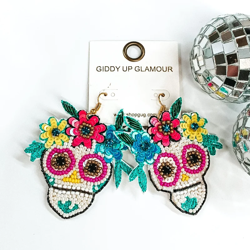 Best hoop earrings with cubic zirconia for a budget-friendly, dazzling look-Beaded Sugar Skull Dangle Earrings in White