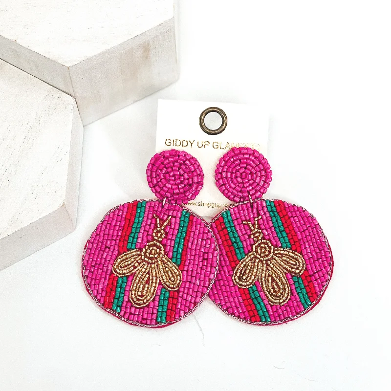 Hoop earrings with a chunky design for a bold and trendy statement-Bee Happy Circle Drop Beaded Earrings in Fuchsia