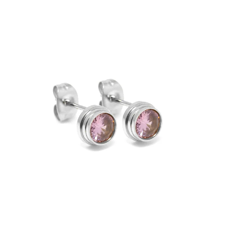 Hoop earrings with resin accents for a bold and colorful design-Dainty Bezel Set Earrings - Pink Stone